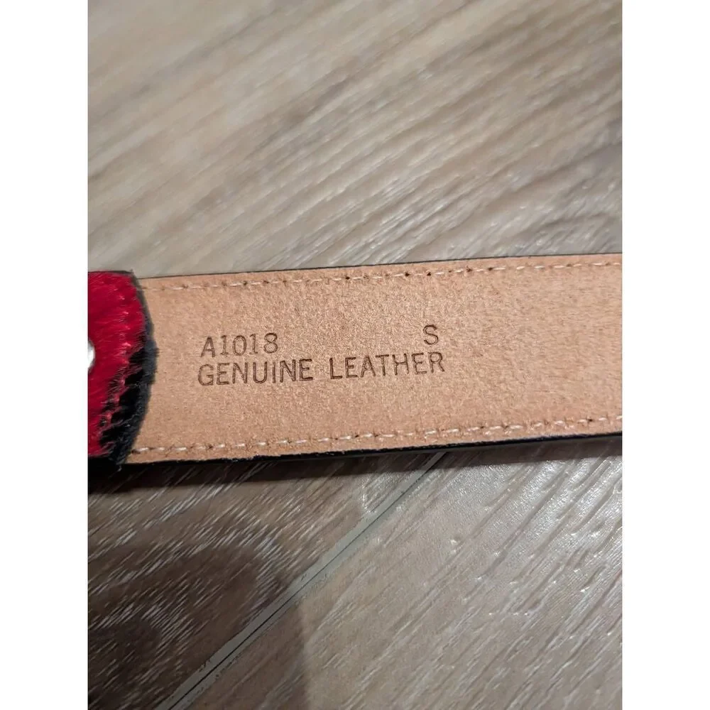 3D Leather Kids Small Red Zebra Hair-on-Hide Belt Western Rhinestone No Buckle